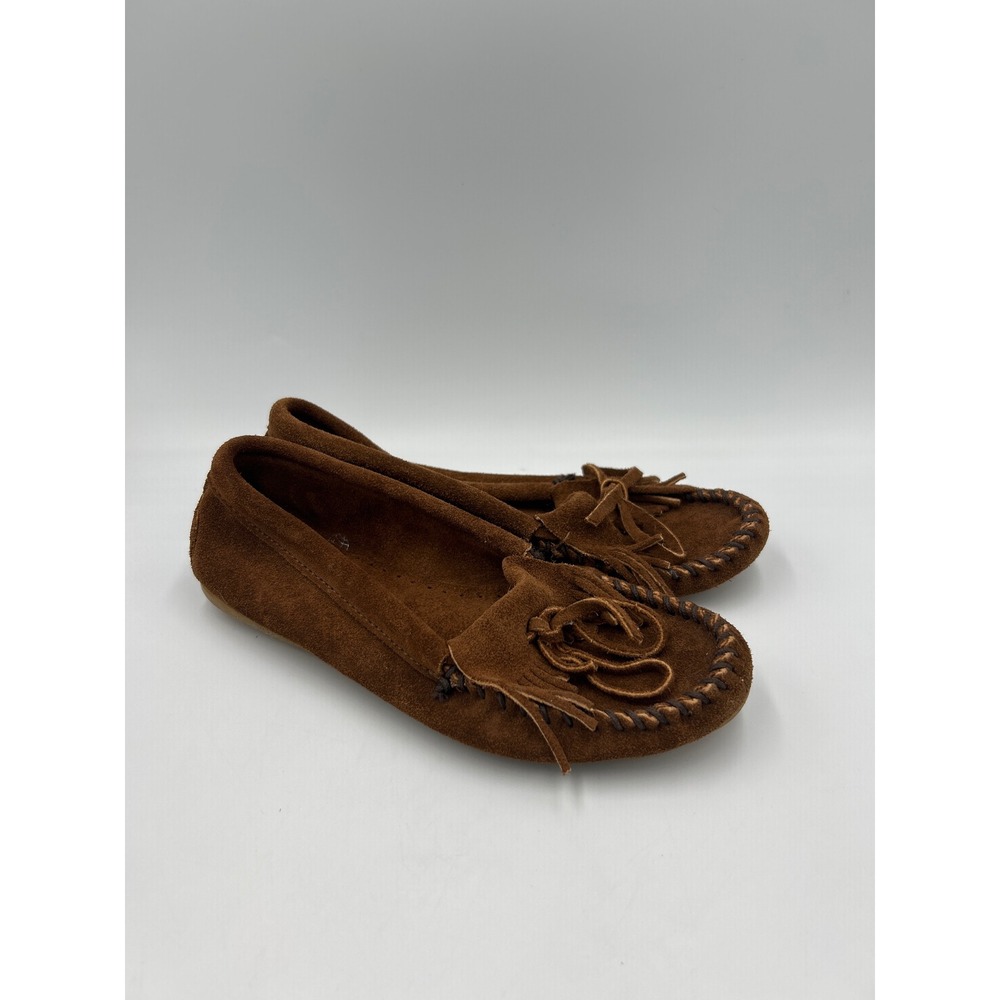 Minnetonka Kiltie Moccasin Suede Brown Fringe Slip On Shoes Womens 6 402 - Picture 2 of 8